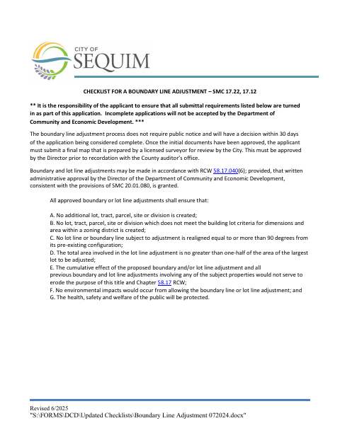 First page of the Checklist for a Boundary Line Adjustment