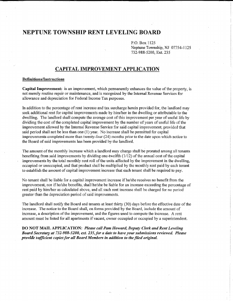 First page of the Capital Improvement Application