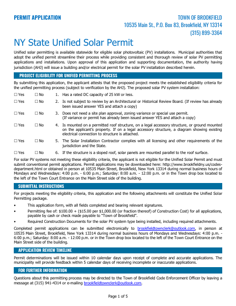 First page of the New York State Unified Solar Permit Application