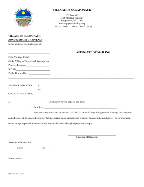 First page of the Zoning Affidavit of Mailing