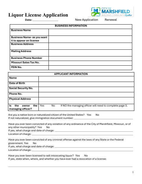 First page of the Liquor License Application