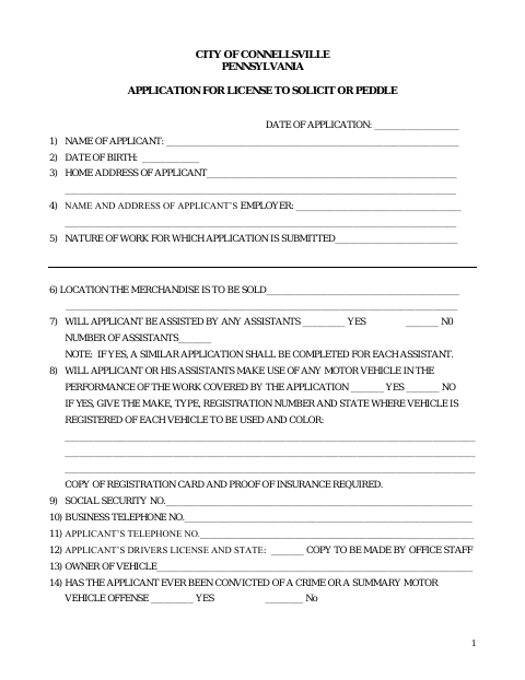 First page of the Application for License to Solicit or Peddle