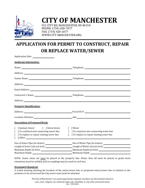 First page of the Application for Permit to Construct, Repair or Replace Water/Sewer