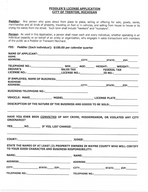First page of the Peddler's License Application