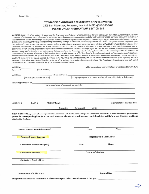First page of the Right-of-Way Permit