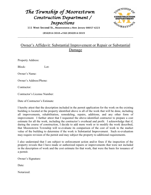 First page of the Owner’s Affidavit: Substantial Improvement or Repair or Substantial Damage