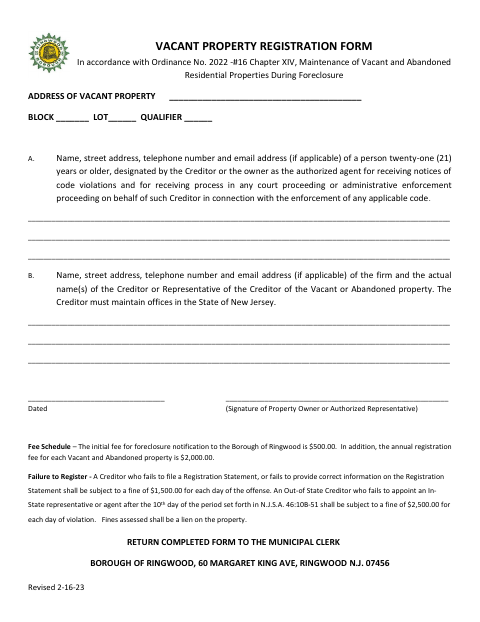 First page of the Vacant Property Registration Form