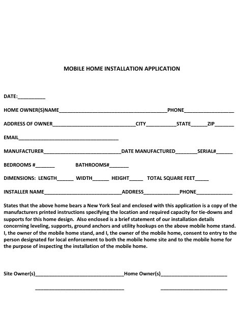 First page of the Mobile Home Installation Application