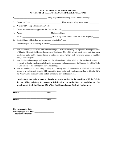 First page of the Affidavit of Vacant Regulated Residential Unit