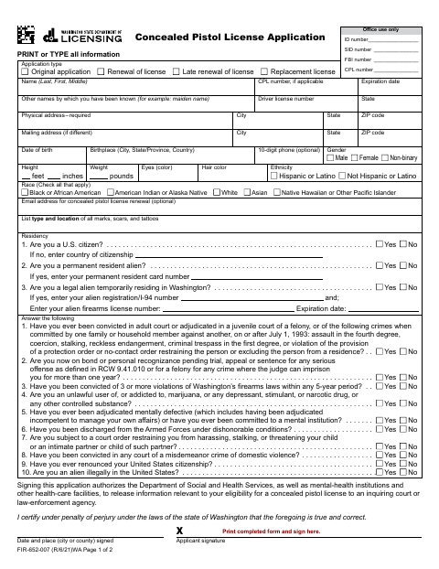 First page of the Concealed Pistol License Application