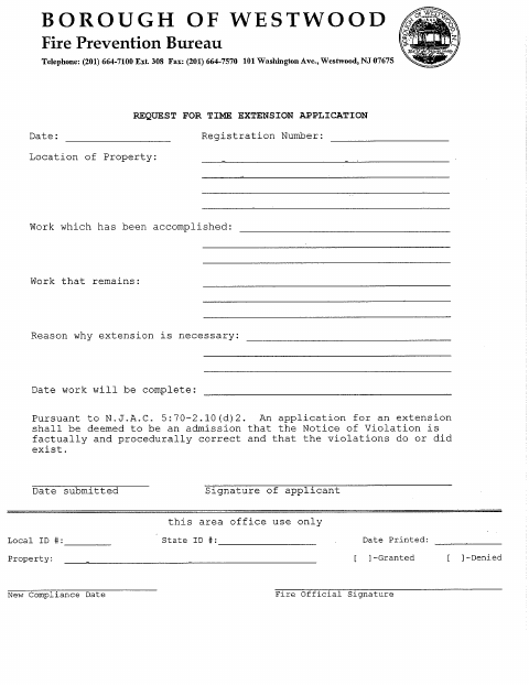 First page of the Fire Prevention Request for Time Extension Application