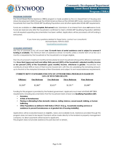 First page of the TBRA Preliminary Application