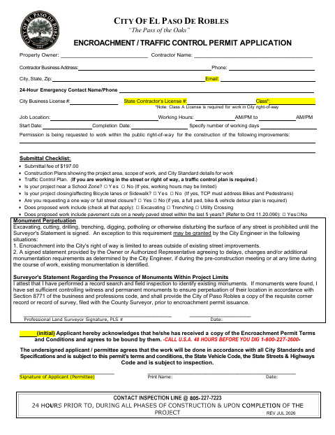 First page of the Encroachment / Traffic Control Permit Application