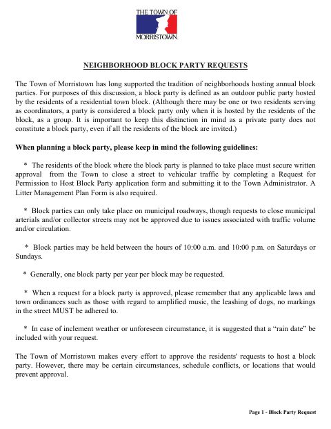First page of the Neighborhood Block Party Request
