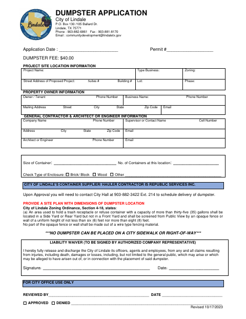 First page of the Dumpster Application