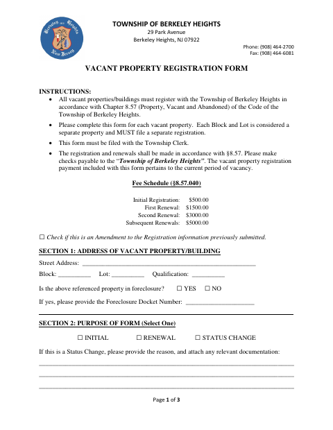First page of the Vacant Property Registration Form