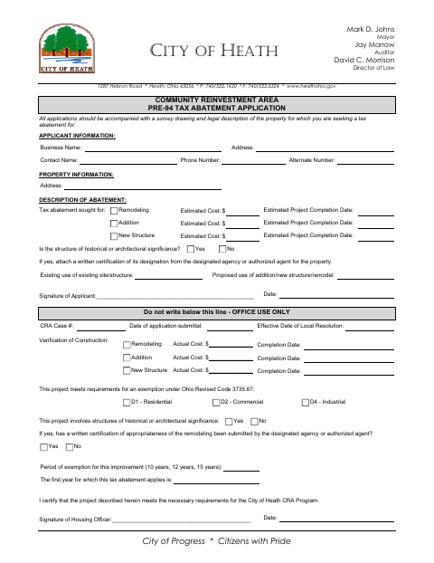 First page of the Community Reinvestment Area Pre-94 Tax Abatement Application