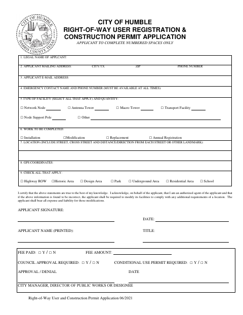 First page of the Right-of-Way User Registration and Construction Permit Application