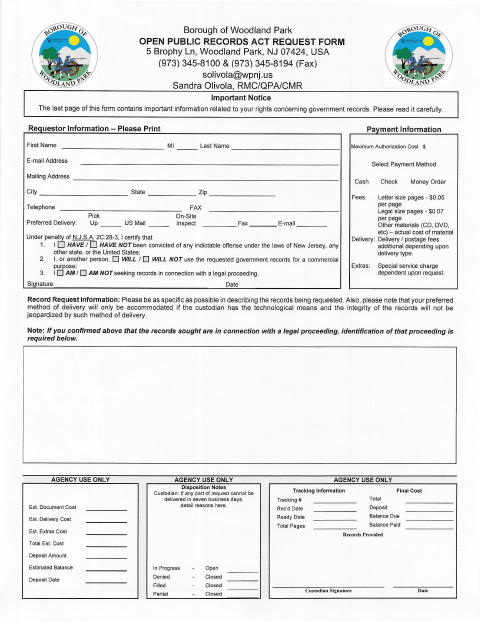 First page of the Open Public Records Act Request Form