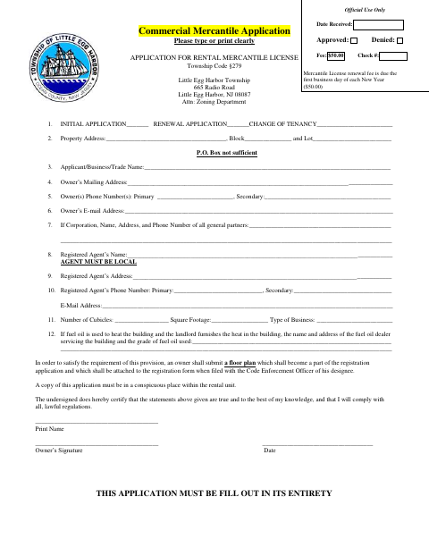 First page of the Commercial Rental Mercantile License Application