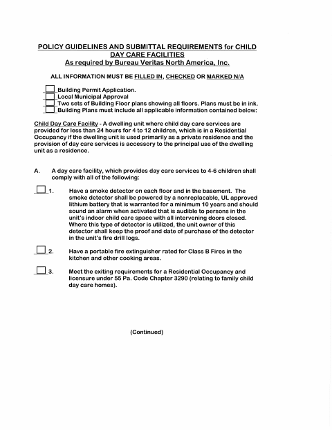 First page of the Residential Child Day Care Facility Permit Application