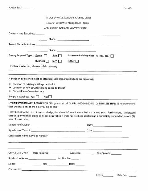 First page of the Application for Zoning Certificate