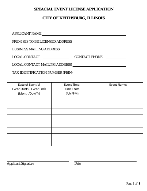 First page of the Special Event License Application