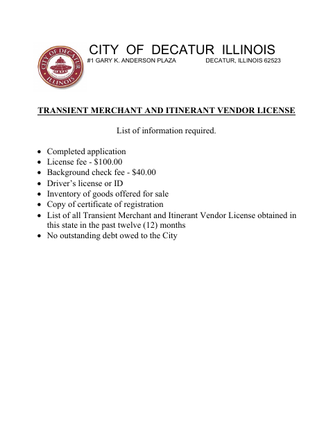 First page of the Transient Merchant and Itinerant Vendor License