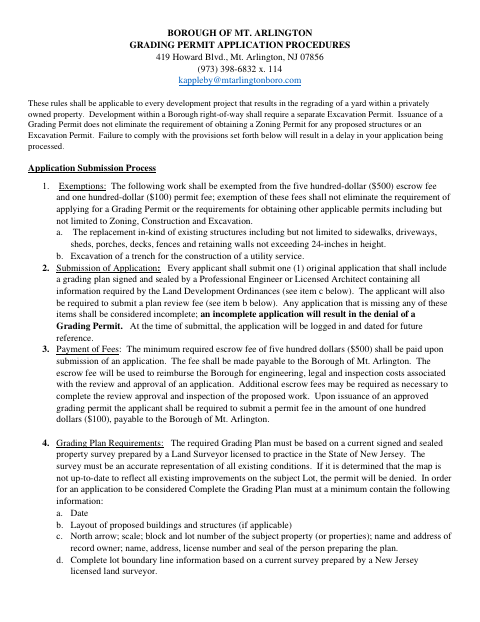 First page of the Grading Permit Application