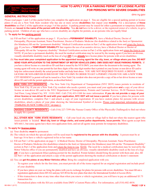 First page of the Parking Permit or License Plates Application for Persons with Severe Disabilities