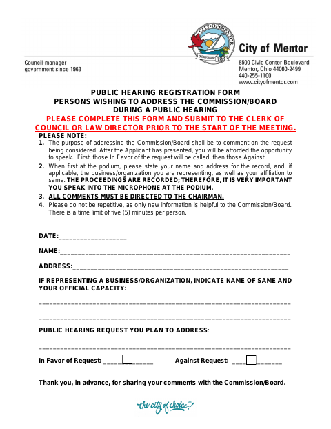 First page of the Public Hearing Registration Form (Persons Before Board/Commission)