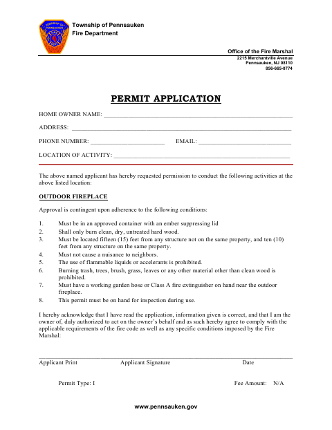 First page of the Outdoor Fireplace Homeowner Permit Application
