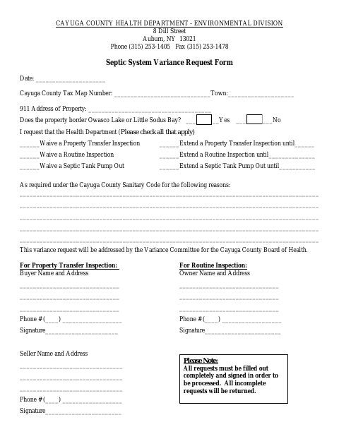 First page of the Septic System Variance Request Form
