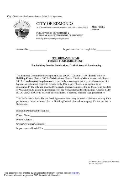 First page of the Performance Bond Frozen Fund Agreement