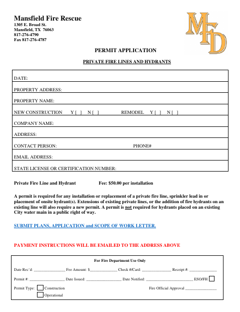 First page of the Private Fire Lines and Hydrants Permit Application