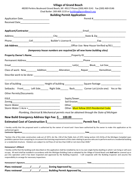 First page of the Building Permit Application Packet