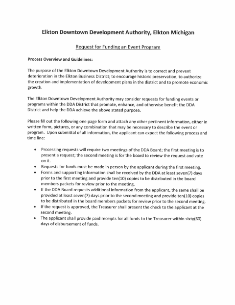 First page of the Request for Funding an Event or Program