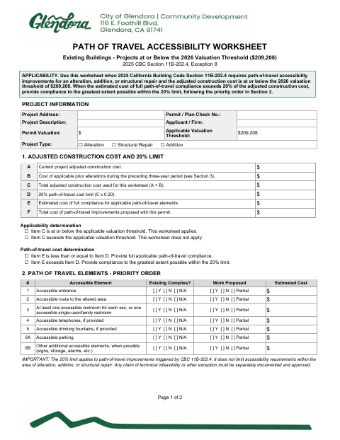 First page of the Path of Travel Accessibility Worksheet