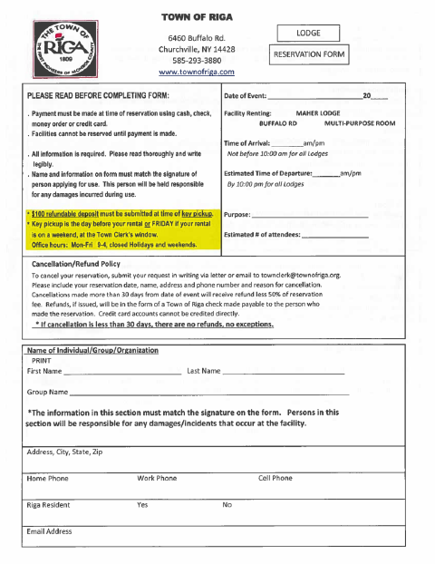 First page of the Facility Rental Reservation Form
