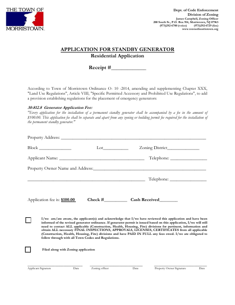 First page of the Application for Standby Generator