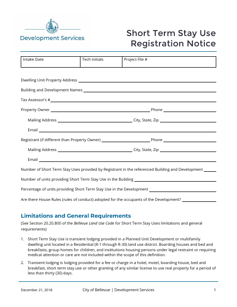 First page of the Short Term Stay Use Registration Notice