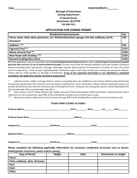 First page of the Application for Zoning Permit