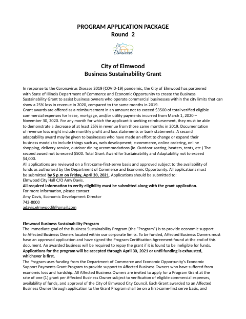 First page of the Round 2 Business Sustainability Grant Program Application Package