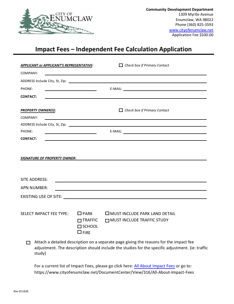 First page of the Impact Fees – Independent Fee Calculation Application