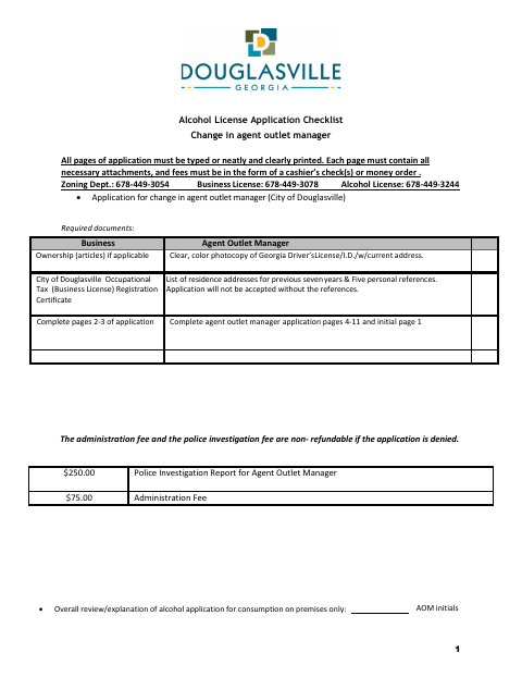 First page of the Alcohol License Change in Agent/Outlet Manager Application