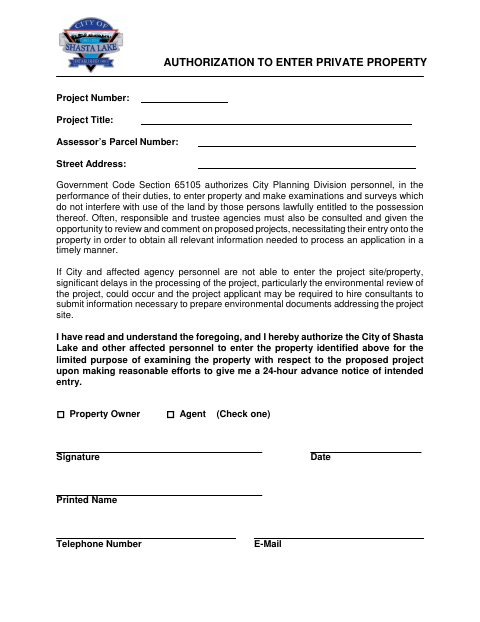 First page of the Authorization to Enter Private Property