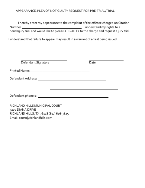 First page of the Appearance and Not Guilty Plea Request for Pre-Trial or Trial