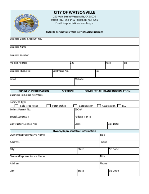First page of the Business License Update Form