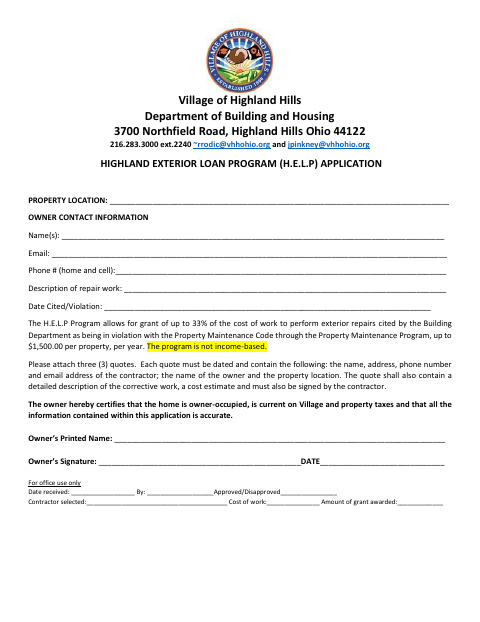 First page of the Highland Exterior Loan Program (H.E.L.P.) Application