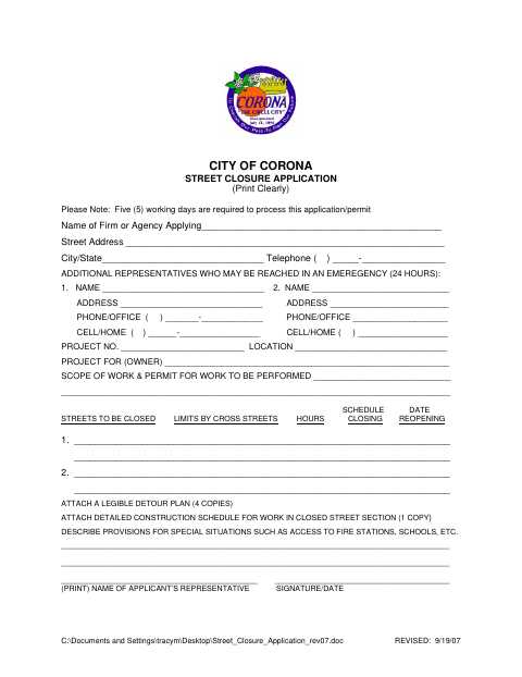 First page of the Street Closure Application